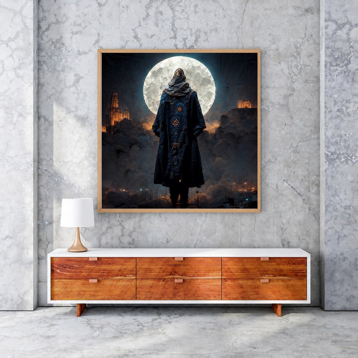 Wadi Home mystical figure under full moon wall art, dark blue cloak with intricate patterns, atmospheric clouds, dramatic lighting.