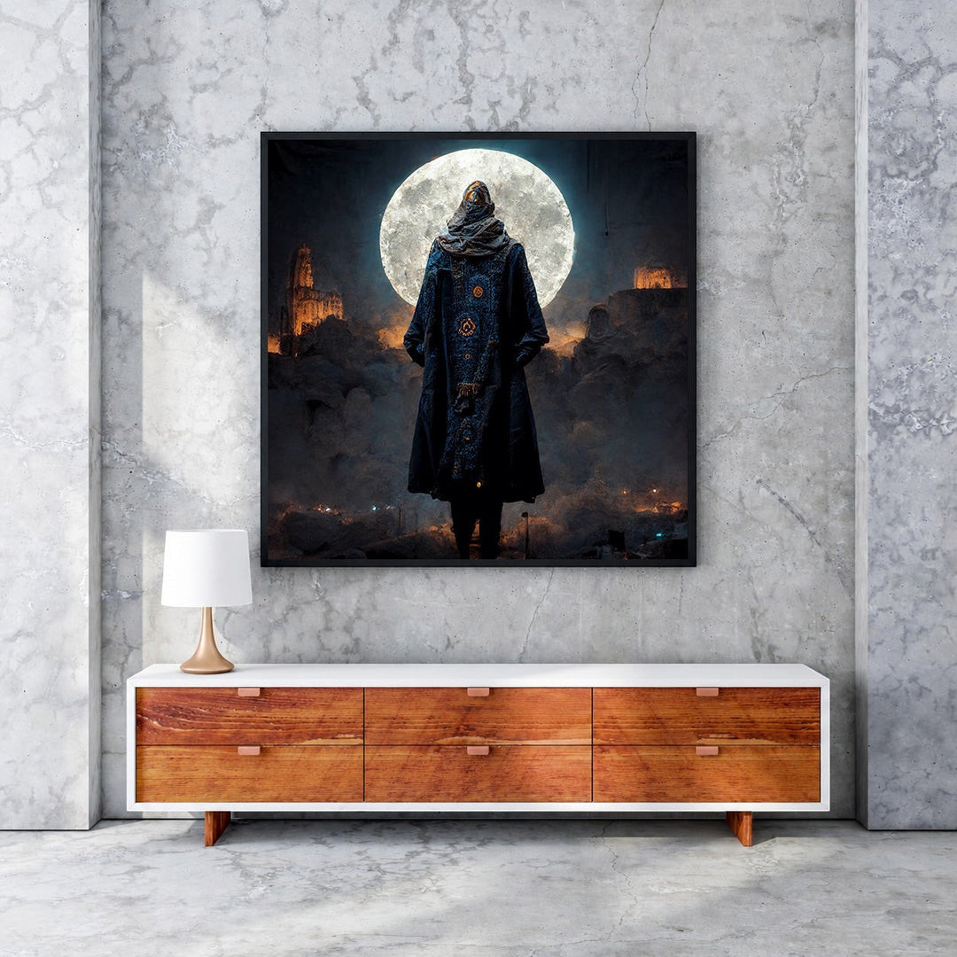 Wadi Home mystical figure under the moon wall art, dark cloak with intricate patterns, luminous full moon, atmospheric clouds, dramatic lighting.