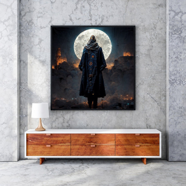 Wadi Home mystical figure under the moon wall art, dark cloak with intricate patterns, luminous full moon, atmospheric clouds, dramatic lighting.
