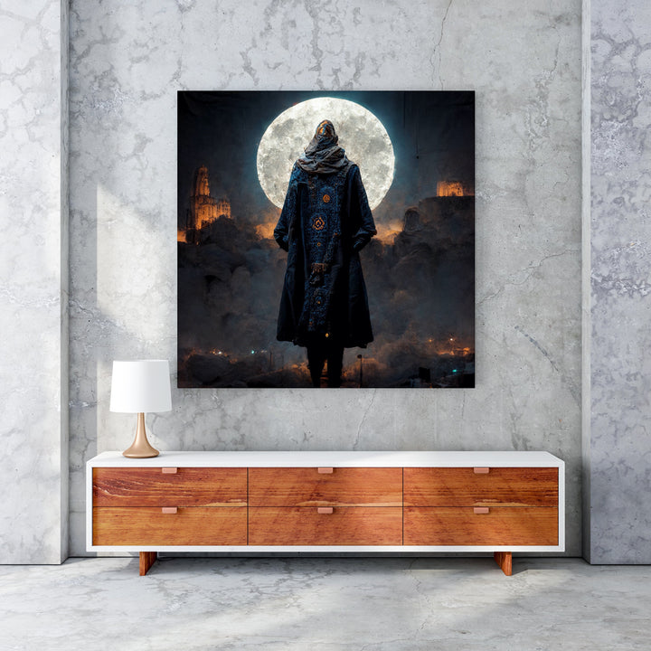 Wadi Home mystical figure under moon wall art, dark blue cloak with intricate patterns, full moon, atmospheric clouds, dramatic lighting.