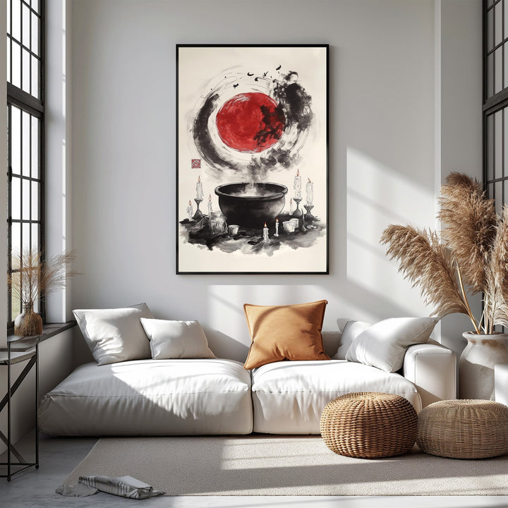 Wadi Home Mystical Moon Cauldron Wall Art with red moon, cauldron, candles, and mystical symbols on ink-like background.