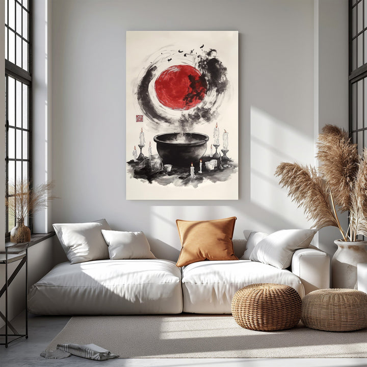 Wadi Home Mystical Moon Cauldron Wall Art with red moon, candles, and mystical symbols on an ink-like background.