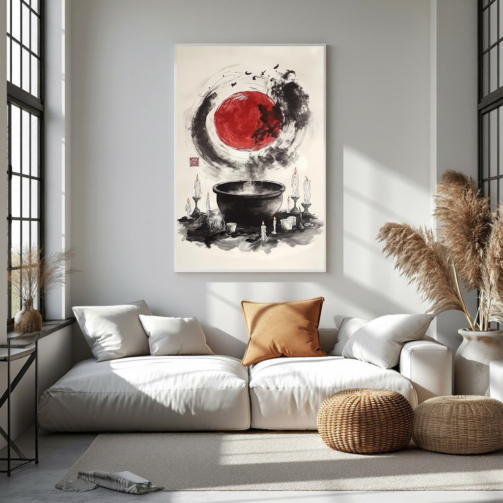 Wadi Home Mystical Moon Cauldron Wall Art with red moon, candles, and cauldron. Ink wash style.