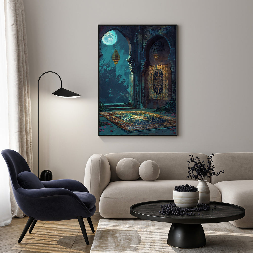 Wadi Home Mystical Moonlight Courtyard Wall Art featuring a serene courtyard scene under a full moon with intricate details and a richly patterned rug.