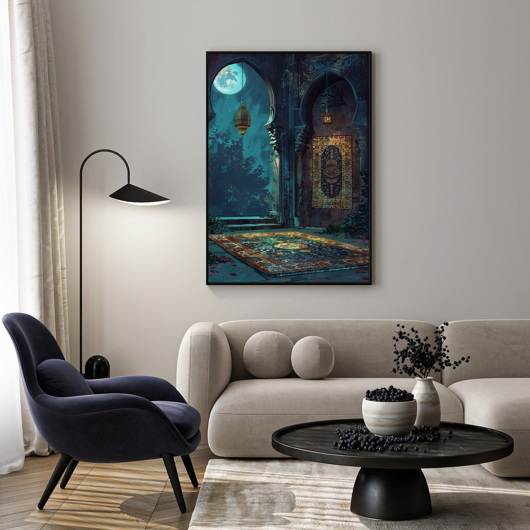 Wadi Home Mystical Moonlight Courtyard Wall Art featuring a serene courtyard scene under a full moon with intricate details and a richly patterned rug.