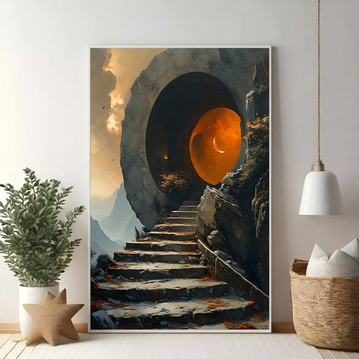 Wadi Home mystical stairway wall art with stone steps leading to a glowing orange celestial portal, dramatic sky.