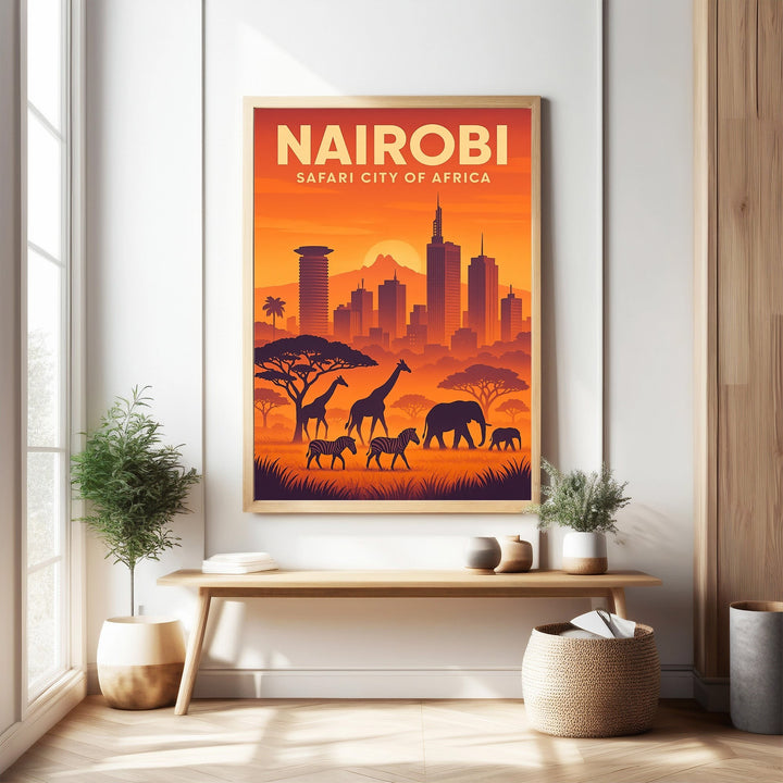 Wadi Home Nairobi Safari City of Africa poster featuring a vibrant sunset over the skyline with silhouetted giraffes, zebras, and elephants.