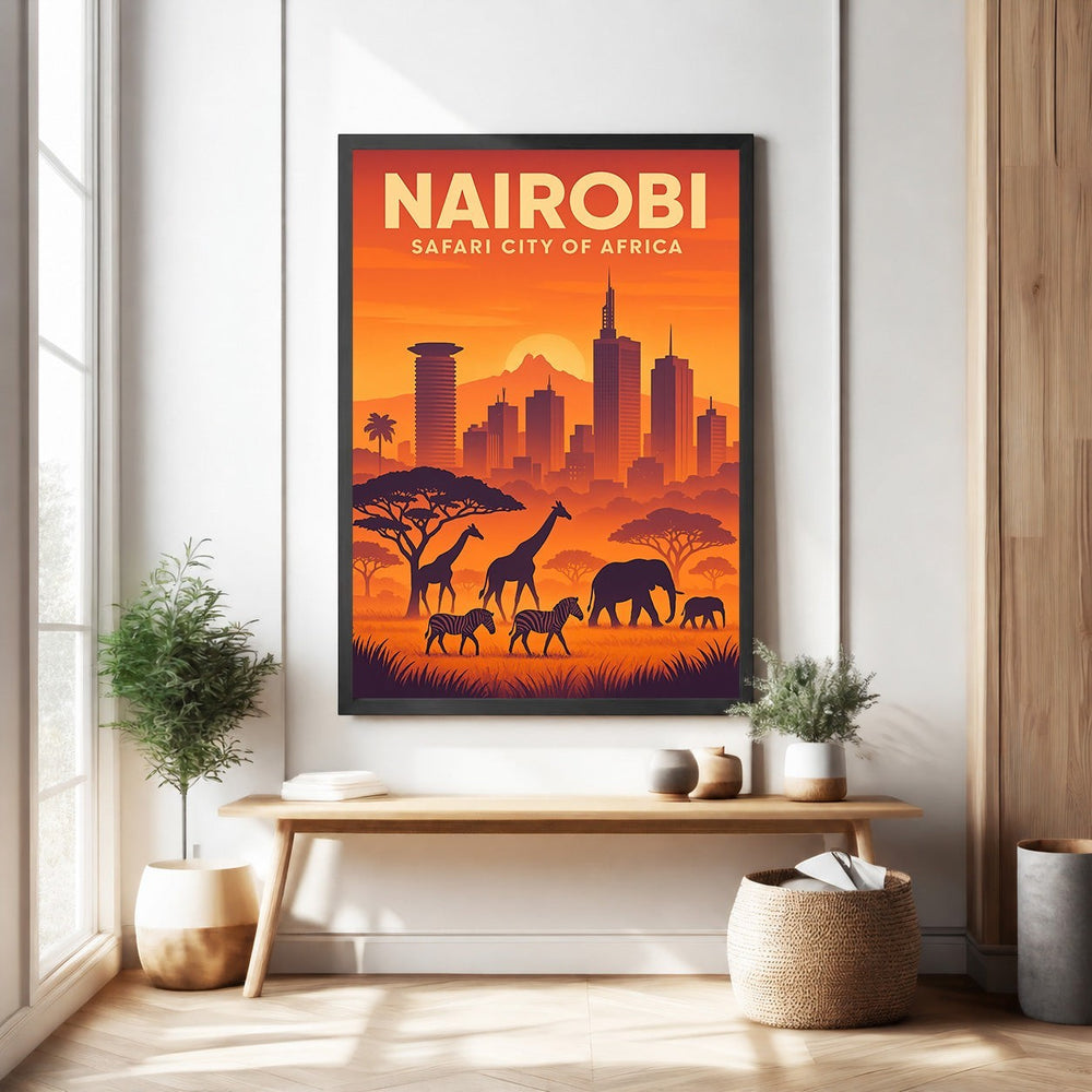 Wadi Home Nairobi Safari City of Africa poster featuring a vibrant sunset over the skyline with silhouetted giraffes, zebras, and elephants.