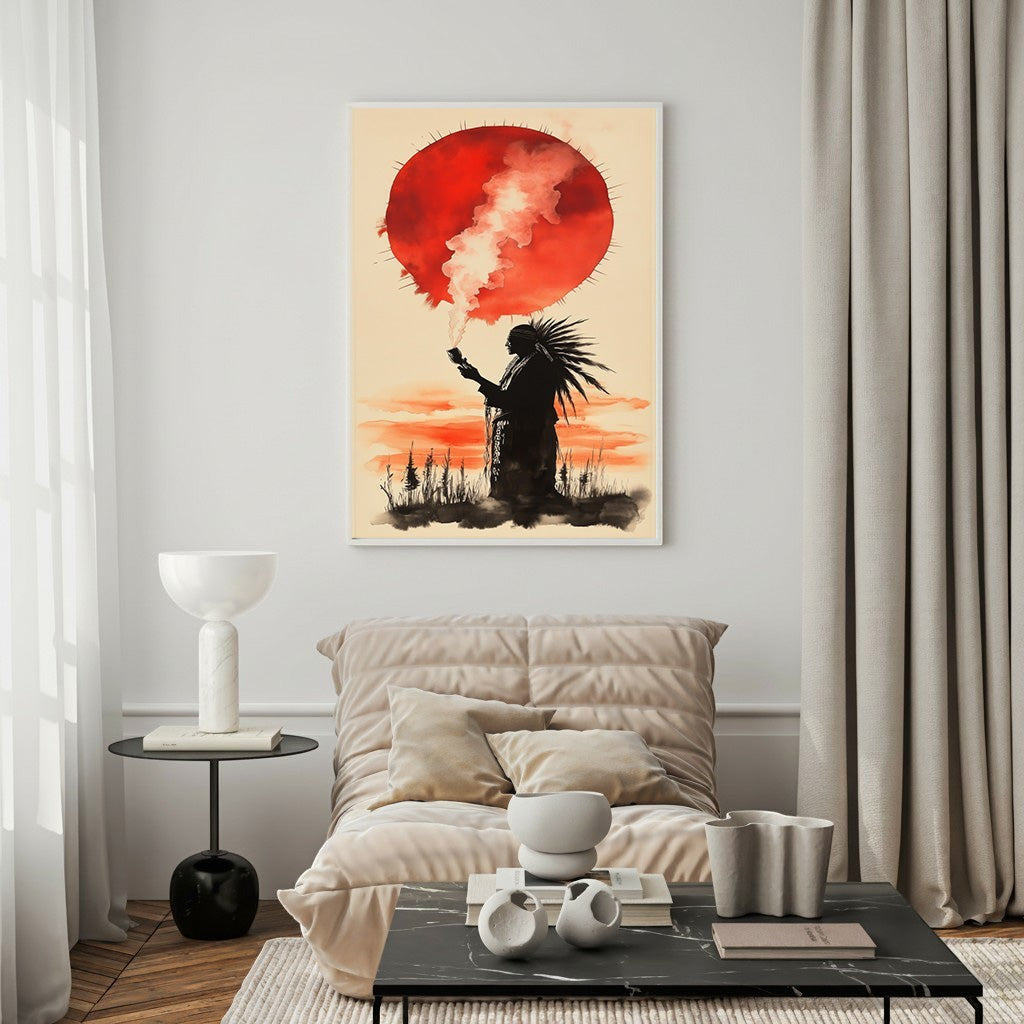 Wadi Home Native American warrior silhouette with headdress against a red sun and watercolor sky. Minimalist wall art.