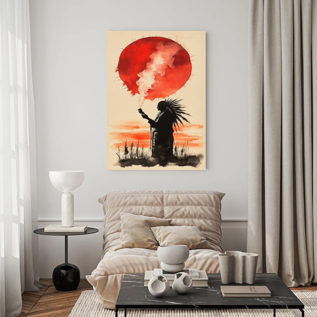 Wadi Home Native American warrior silhouette under a red sun with smoke, watercolor style. Bold black and red hues.
