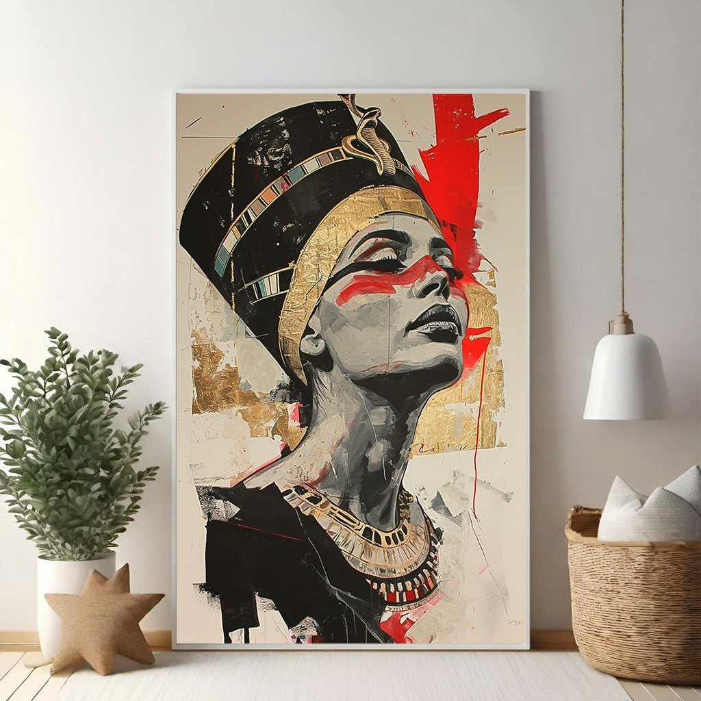 Wadi Home Nefertiti regal portrait wall art, abstract Egyptian queen in black, gold, and red with textured details.