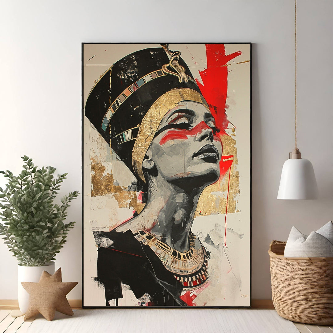 Wadi Home Nefertiti regal portrait wall art, abstract Egyptian queen in black, gold, and red with bold brushstrokes and textural details.