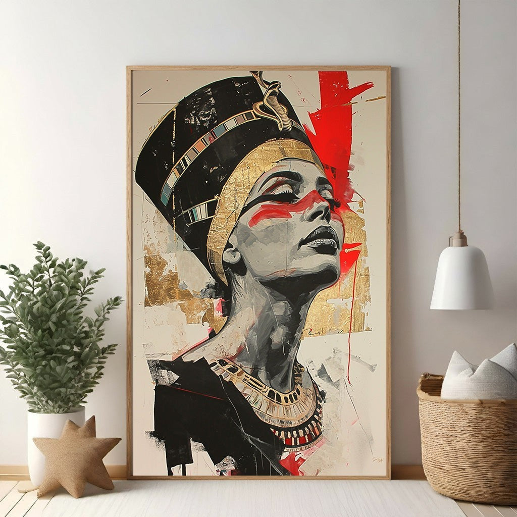 Wadi Home Nefertiti regal portrait wall art in black, gold, and red with textural details. Modern Egyptian queen artwork.
