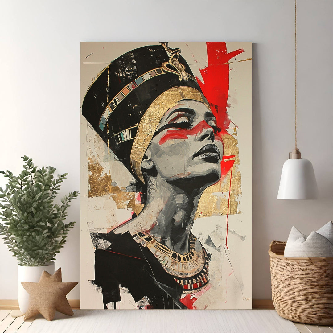 Wadi Home Nefertiti regal portrait wall art, abstract Egyptian queen in black, gold, and red with bold brushstrokes and textural details.