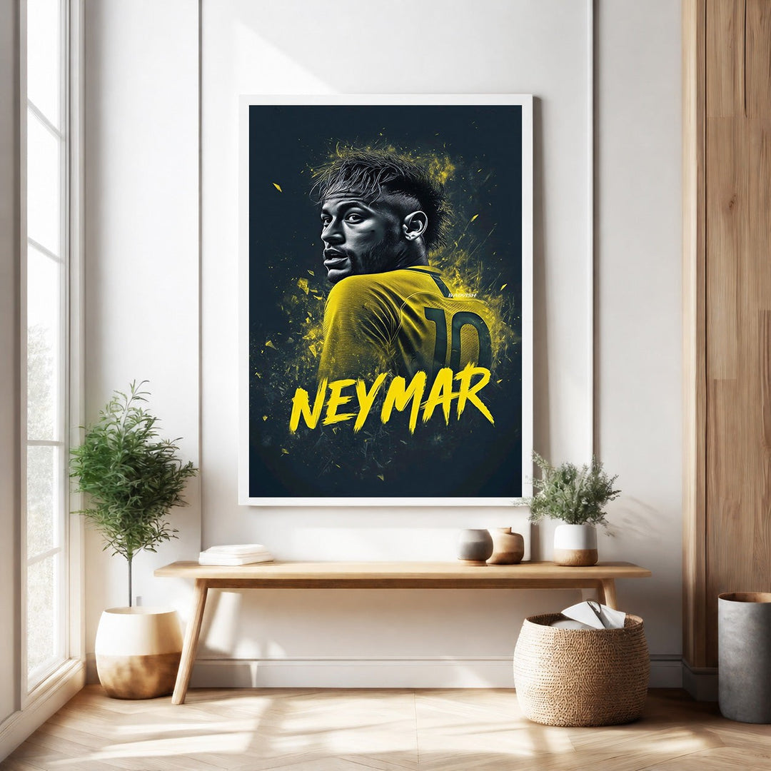Wadi Home Neymar dynamic sports portrait wall art, yellow and dark contrast, football icon.
