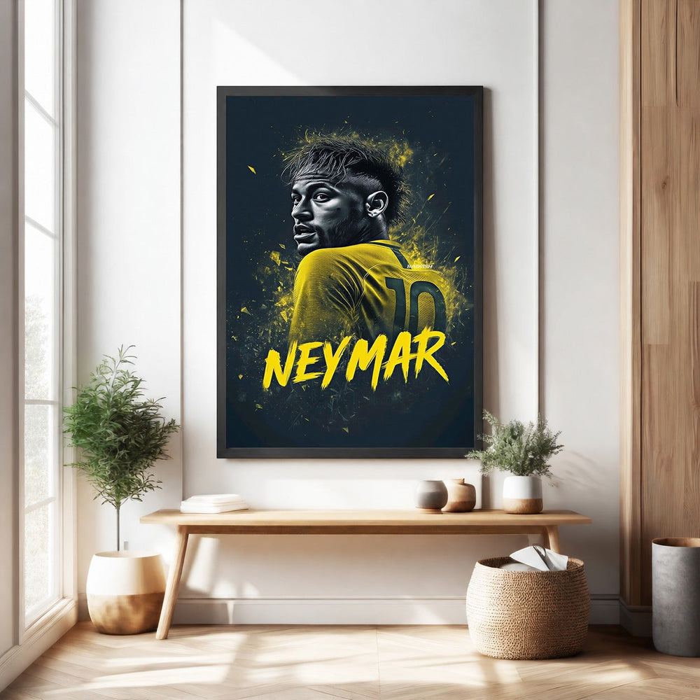 Wadi Home dynamic sports portrait wall art featuring Neymar in a yellow jersey with the number 10. Bold yellow and dark contrast.