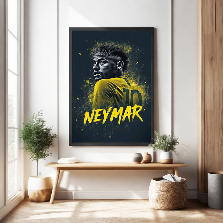 Wadi Home dynamic sports portrait wall art featuring Neymar in a yellow jersey with the number 10. Bold yellow and dark contrast.