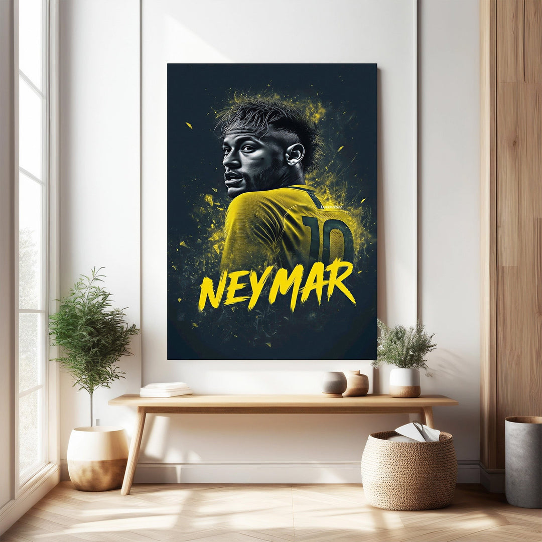 Wadi Home dynamic sports portrait wall art featuring Neymar in a yellow jersey with dark abstract background. High-quality print.