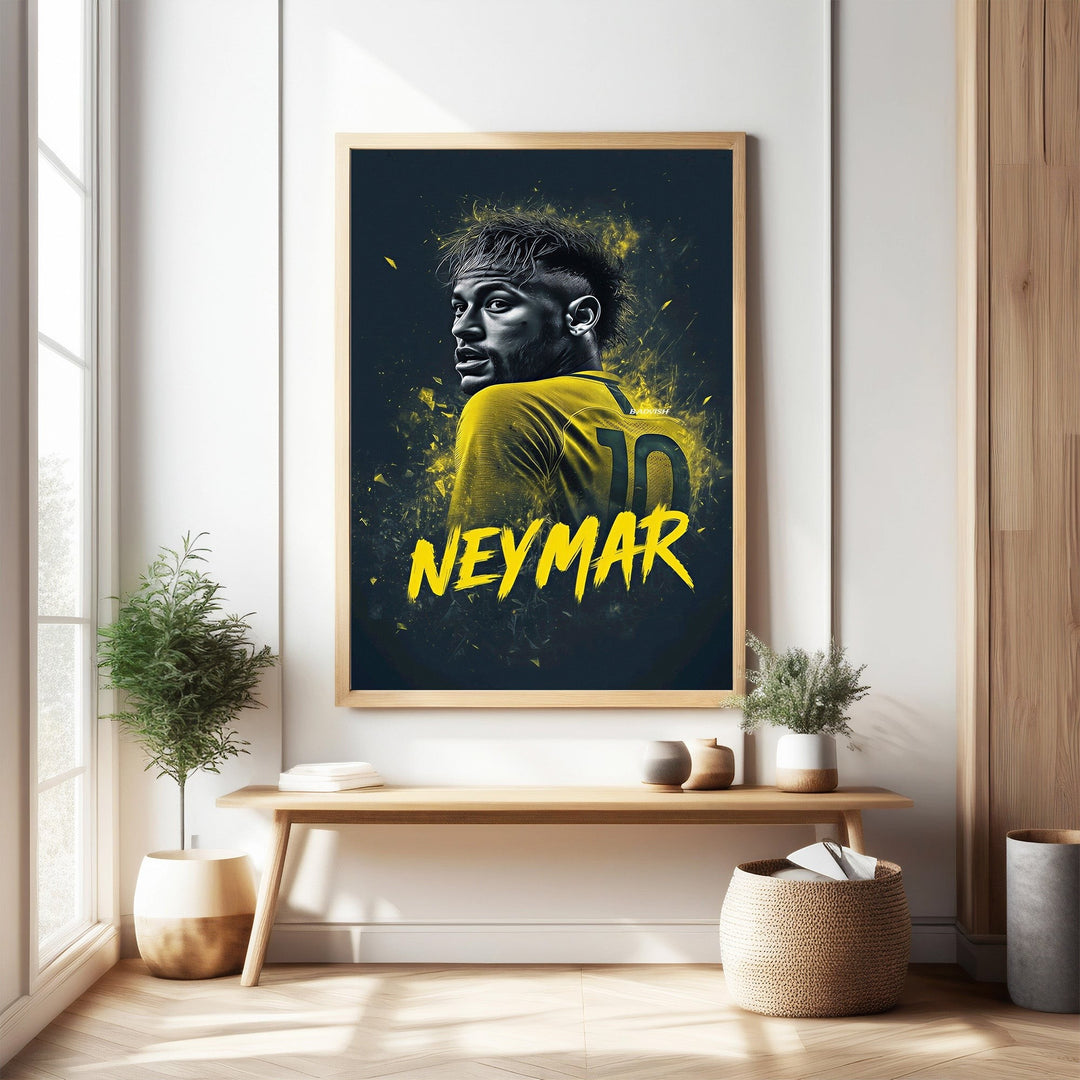 Wadi Home dynamic sports portrait wall art featuring Neymar in a yellow jersey with the number 10. Bold yellow and dark contrast.