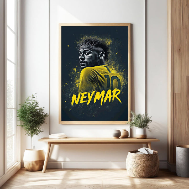 Wadi Home dynamic sports portrait wall art featuring Neymar in a yellow jersey with the number 10. Bold yellow and dark contrast.