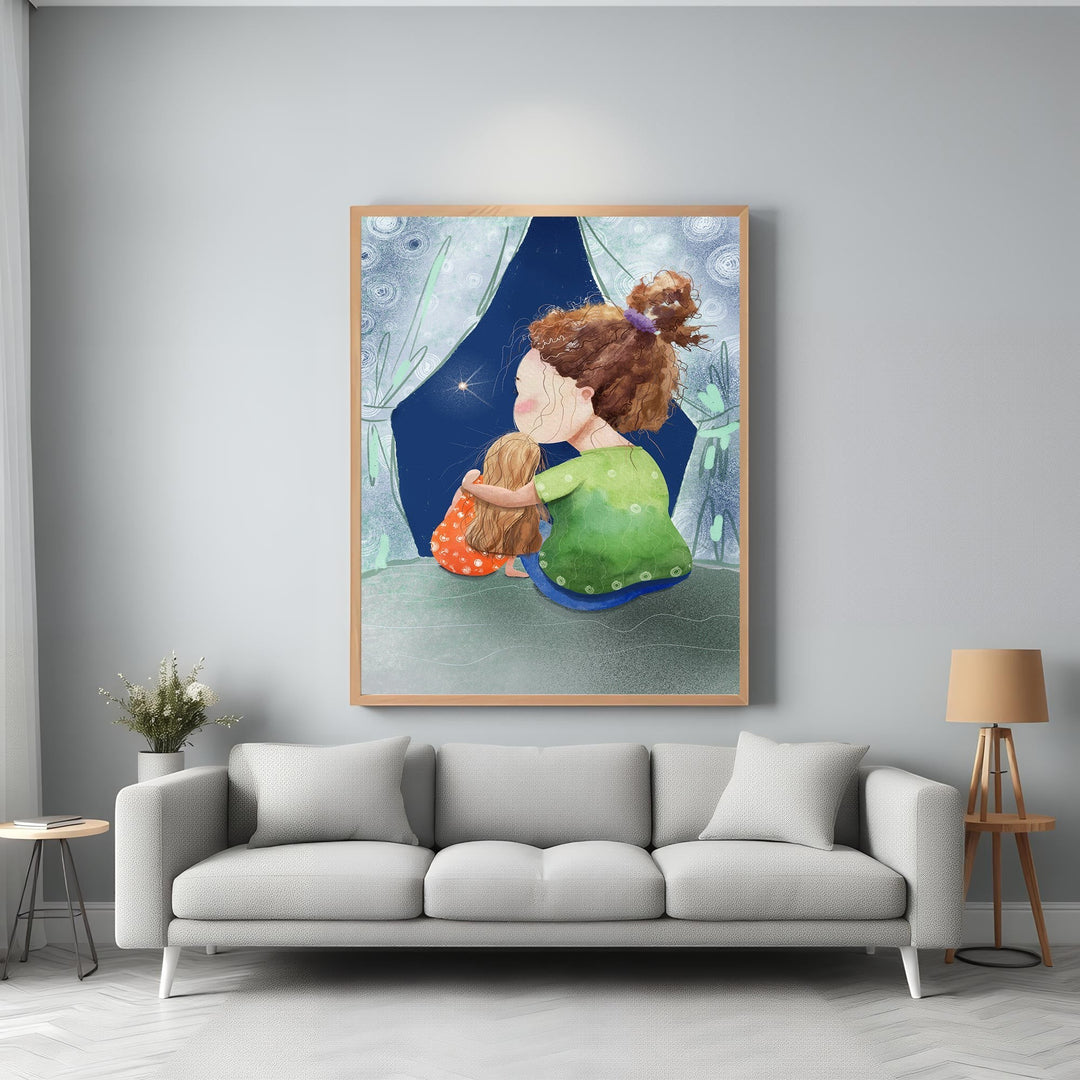Wadi Home art print of two figures, a woman and child, gazing at a starry night sky. Whimsical illustration.