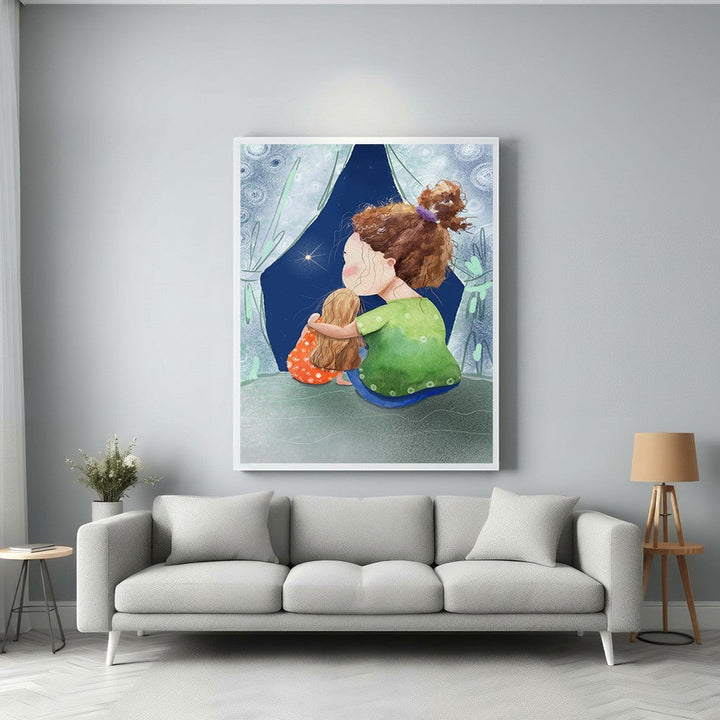 Wadi Home art print of two figures, one in green, one in orange, hugging and looking at a starry night sky. Whimsical illustration.