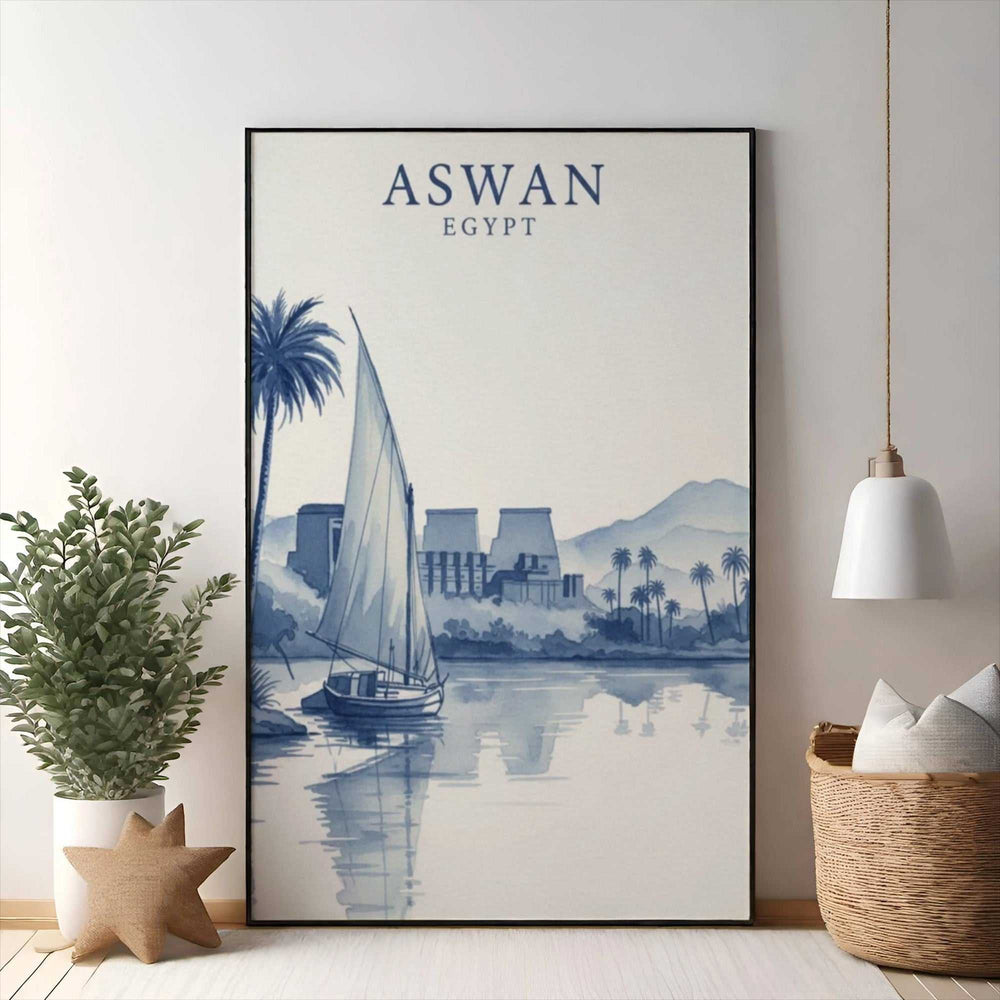 Wadi Home Aswan Egypt watercolor art print featuring a sailboat on the Nile River with ancient temples and palm trees.