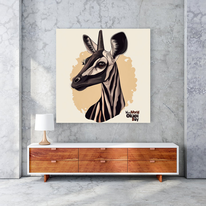 Wadi Home Okapi portrait wall art with distinctive striped legs and gentle gaze, rendered in a modern artistic style on a cream background.