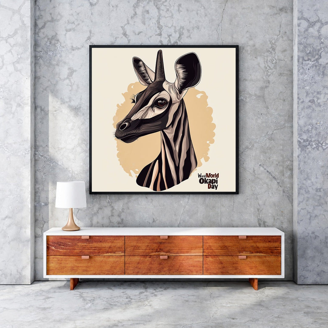Wadi Home Okapi portrait wall art with distinctive striped legs and gentle gaze, modern artistic style, black and beige tones.