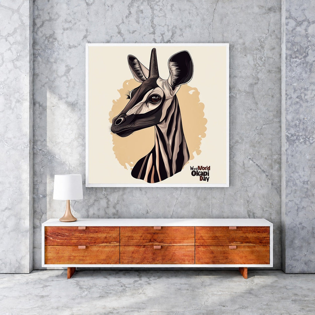 Wadi Home Okapi portrait wall art with distinctive striped legs and gentle gaze, modern artistic style, beige background.