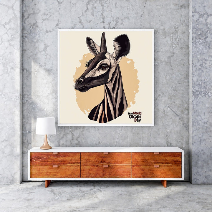 Wadi Home Okapi portrait wall art with distinctive striped legs and gentle gaze, modern artistic style, beige background.