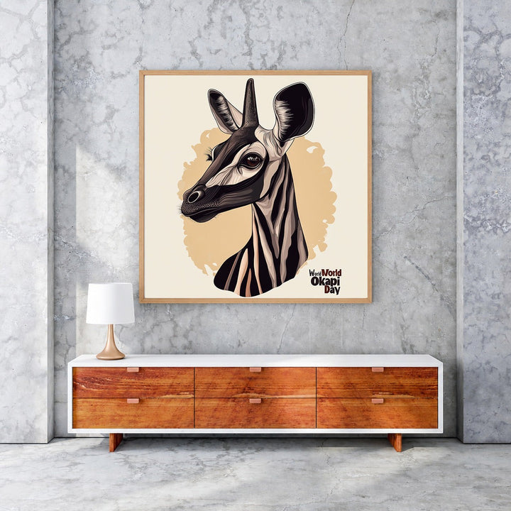 Wadi Home Okapi portrait wall art with distinctive striped legs and gentle gaze, modern artistic style, beige background.