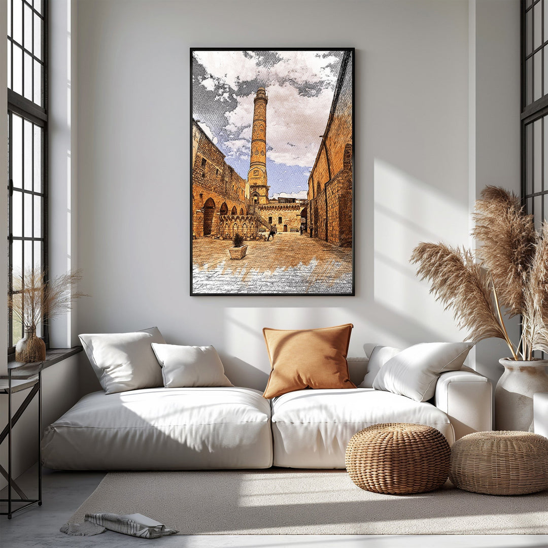 Wadi Home Old City Tower Sketch Wall Art featuring a detailed sketch of a tall, ancient tower surrounded by stone buildings under a cloudy sky.