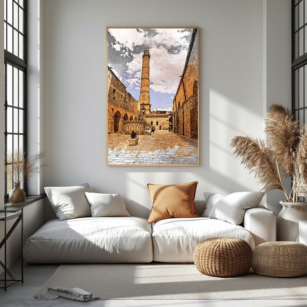 Wadi Home Old City Tower sketch wall art, featuring a tall, ancient tower surrounded by stone buildings in warm, earthy tones.