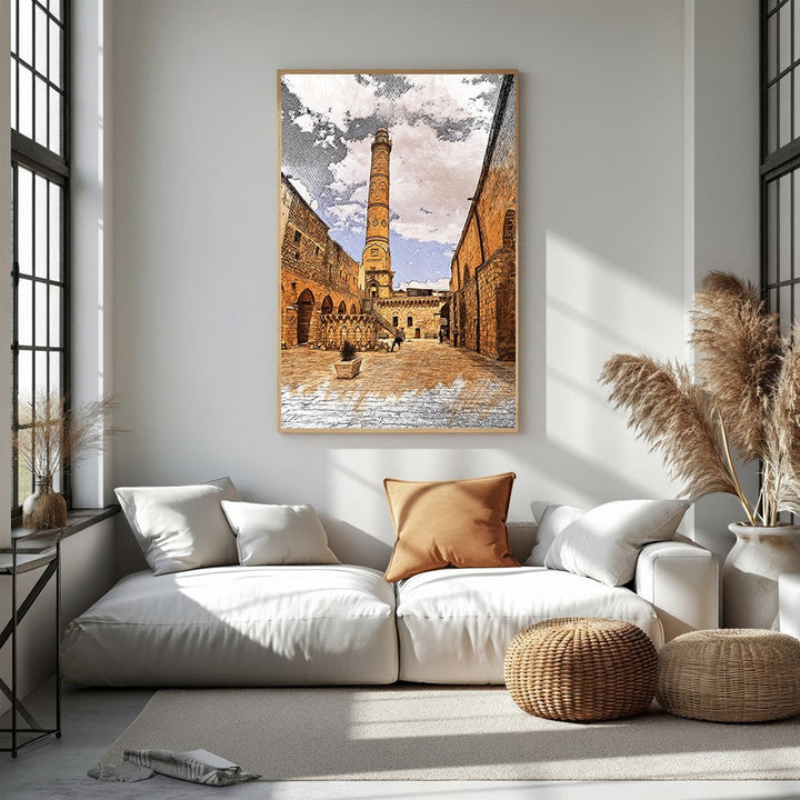 Wadi Home Old City Tower sketch wall art, featuring a tall, ancient tower surrounded by stone buildings in warm, earthy tones.