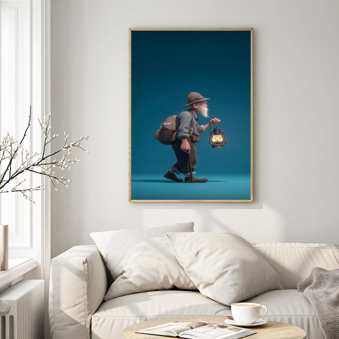 Wadi Home adventurous old man with backpack and lantern wall art. Stylized illustration of a man with a white beard, hat, and walking stick.
