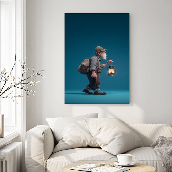 Wadi Home wall art of a cartoon old man with a backpack and lantern, wearing a hat and plaid shirt.