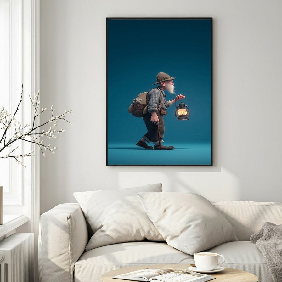 Wadi Home adventurous old man with lantern wall art, featuring a stylized character with backpack and glowing lantern.