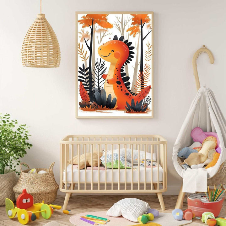 Wadi Home orange dinosaur forest nursery wall art, framed or canvas print for child's room decor.
