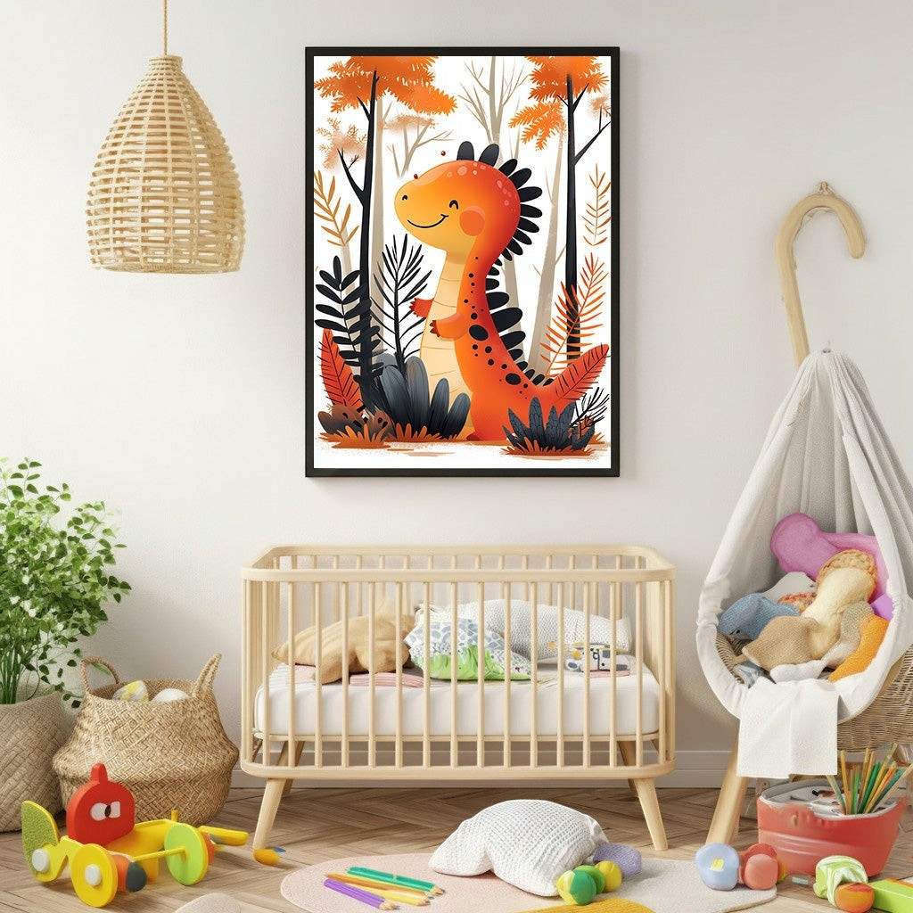 Wadi Home orange dinosaur art for nursery, featuring a friendly dinosaur in a forest setting with orange and black accents.