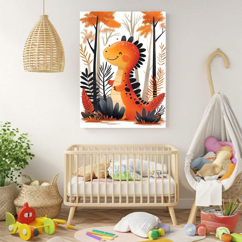 Wadi Home orange dinosaur art for nursery, featuring a friendly cartoon dinosaur in a forest setting with orange and black foliage.