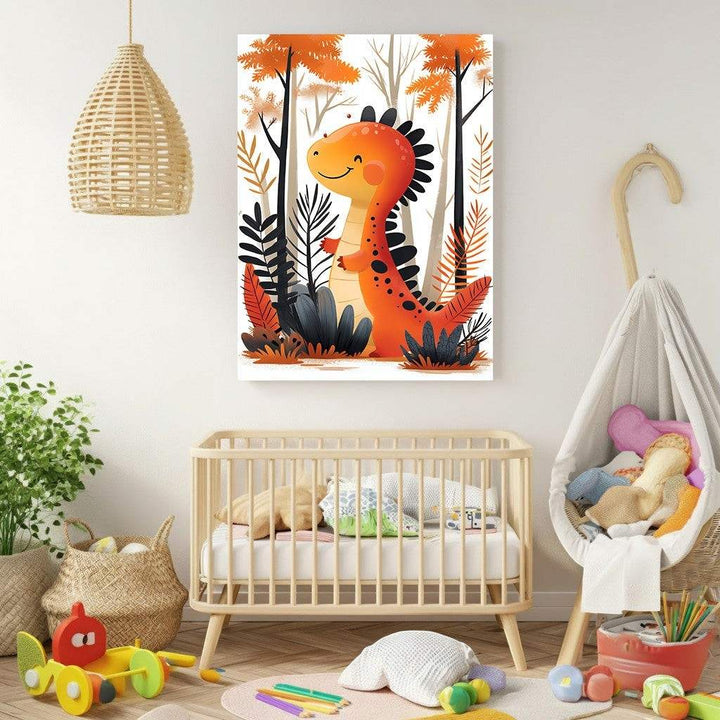 Wadi Home orange dinosaur art for nursery, featuring a friendly cartoon dinosaur in a forest setting with orange and black foliage.