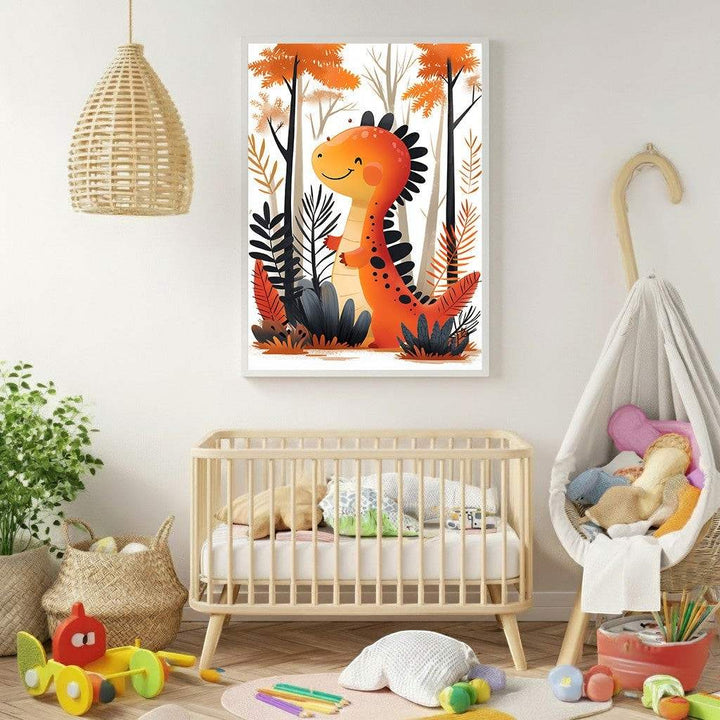 Wadi Home orange dinosaur art for nursery, featuring a friendly dinosaur in a forest setting with orange and black accents.