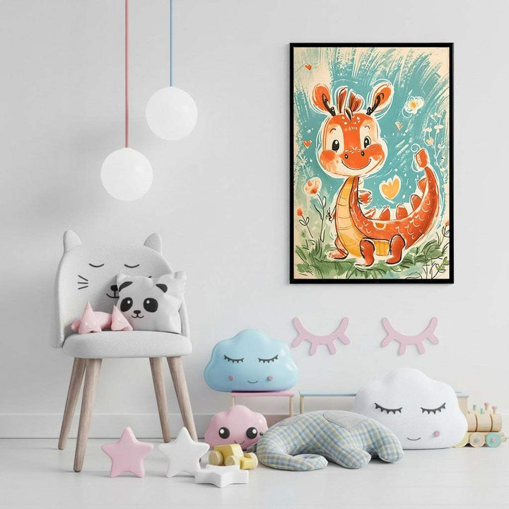 Wadi Home framed children's wall art featuring a cheerful orange dragon in a whimsical meadow with flowers and hearts. Teal blue background.