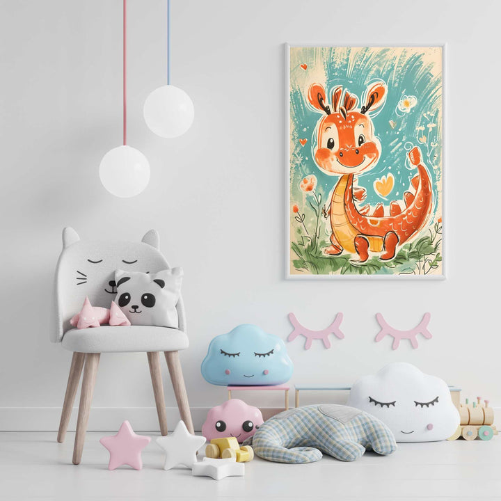 Wadi Home framed children's wall art featuring a cheerful orange dragon in a whimsical meadow with blue and green background.