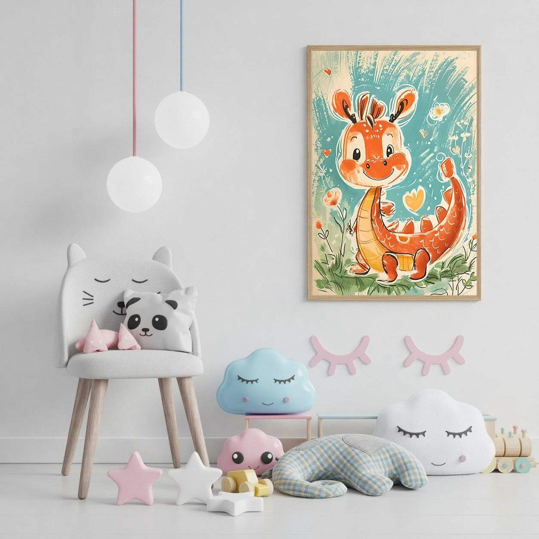 Wadi Home framed children's wall art featuring a cheerful orange dragon in a whimsical meadow with flowers and hearts.