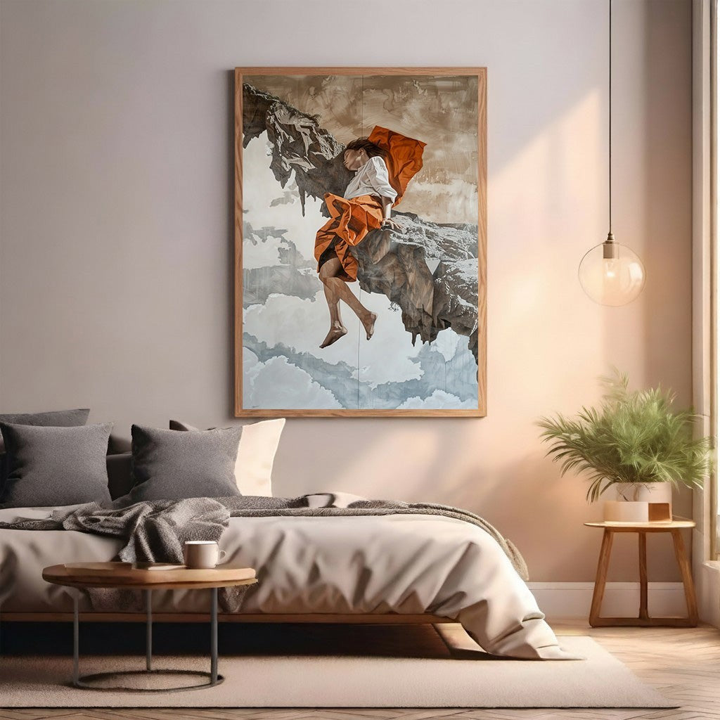 Wadi Home framed wall art depicting a person in orange attire on a rocky outcrop against a cloudy sky.