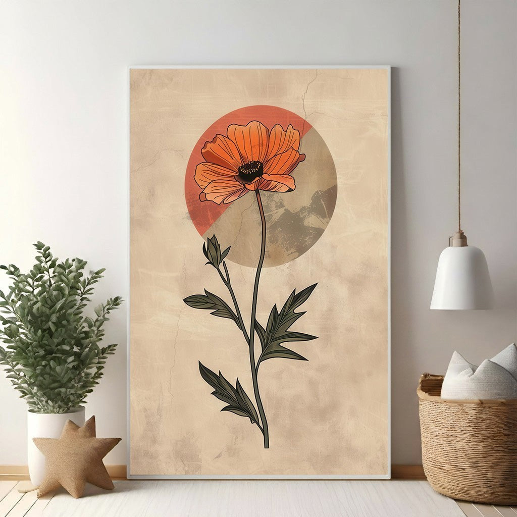 Wadi Home orange poppy flower art with abstract sun circle on textured neutral background. Botanical illustration.
