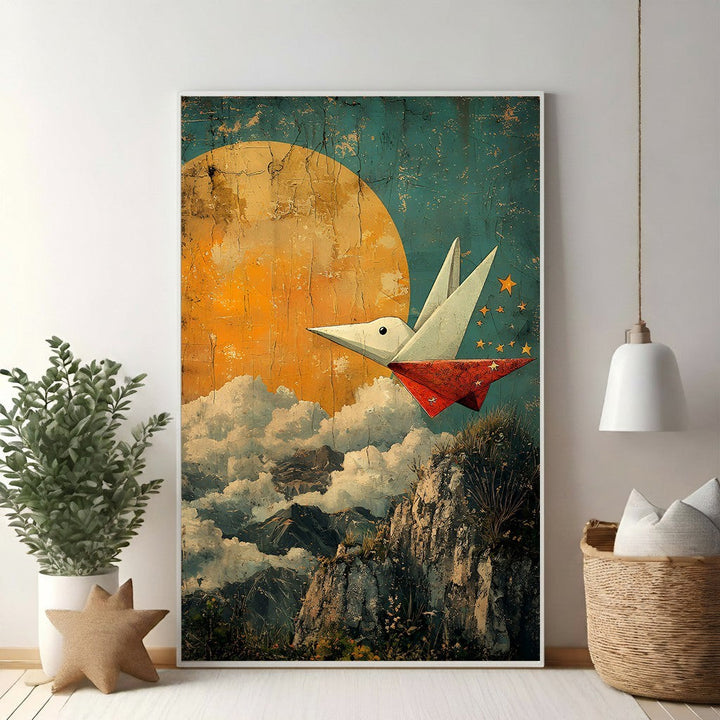 Wadi Home wall art: white and red origami bird flying over textured mountains under a large orange moon and starry sky.