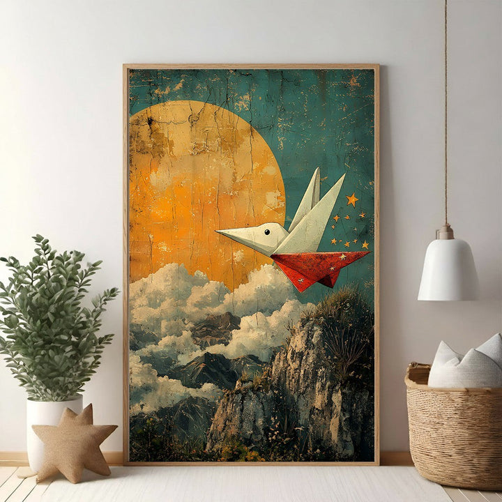 Wadi Home wall art: white and red origami bird flying over textured mountains under a large orange moon and starry sky.